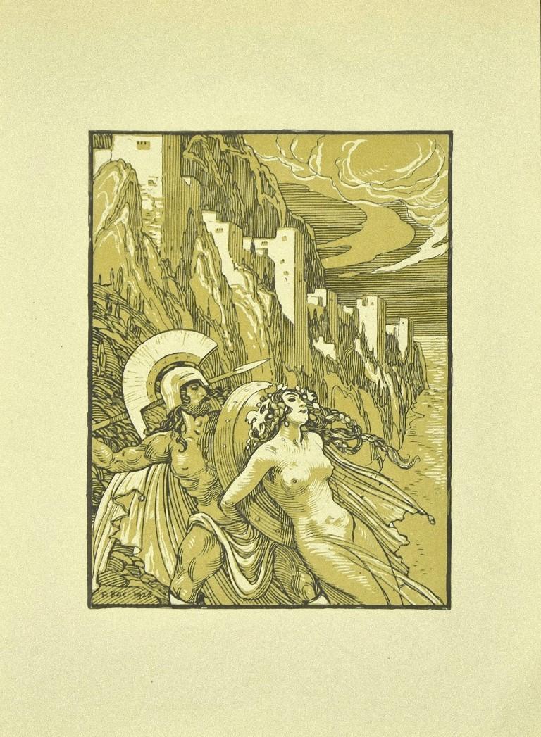 Figurative Print Ferdinand Bac - Le soldat grec et le bacchant  - Lithographie de F. Bac - 1922