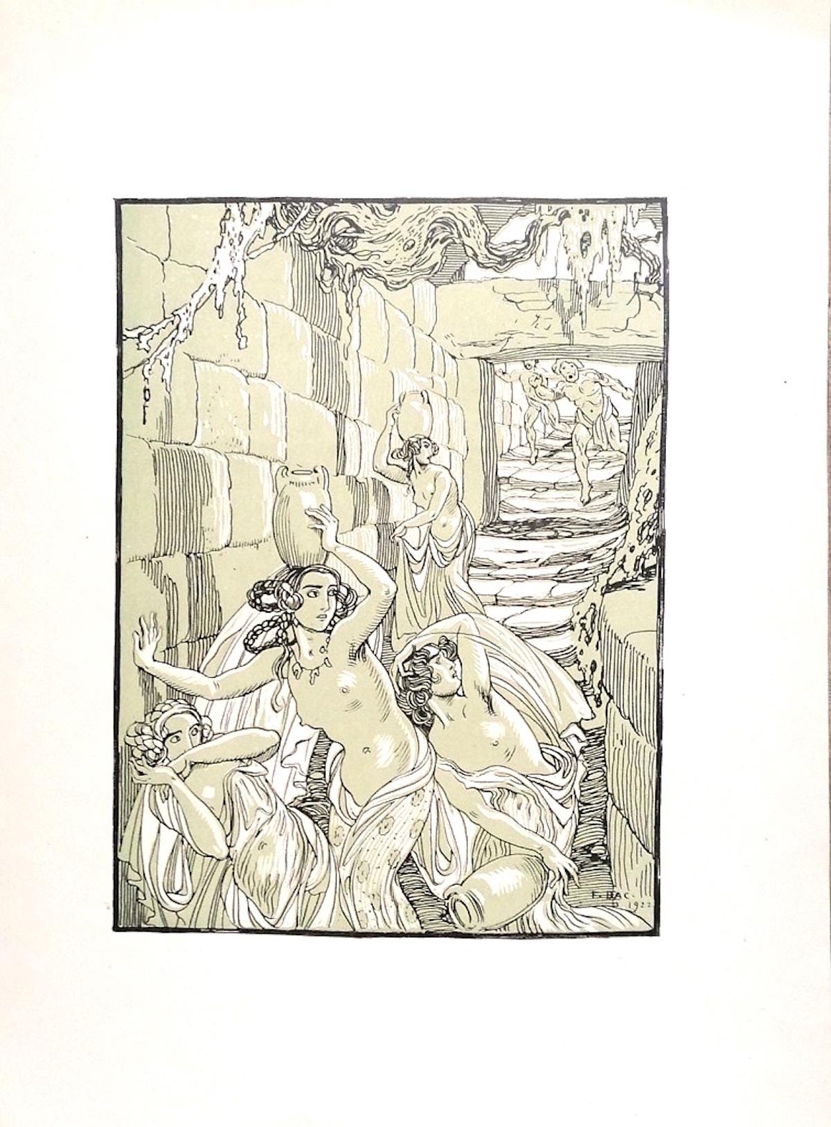Die Flucht der Bacchantinnen ist ein originelles modernes Kunstwerk von Ferdinand Bac (1859 - 1952) aus dem Jahr 1922.

Signiert und datiert auf der Platte in der unteren rechten Ecke: F. Bac 1922.

Original-Lithographie auf