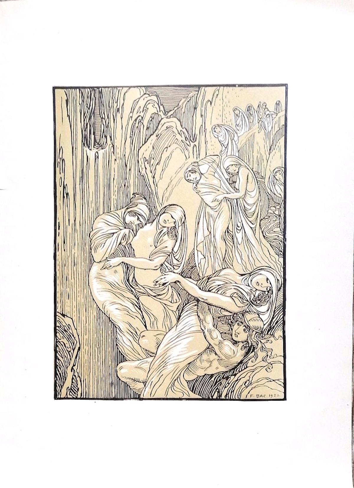 Die weinenden Frauen sind ein originelles modernes Kunstwerk von Ferdinand Bac (1859 - 1952) aus dem Jahr 1922.

Signiert und datiert auf der Platte am unteren rechten Rand: F. Bac 1922.

Original-Lithographie auf Elfenbeinpapier.

Perfekte