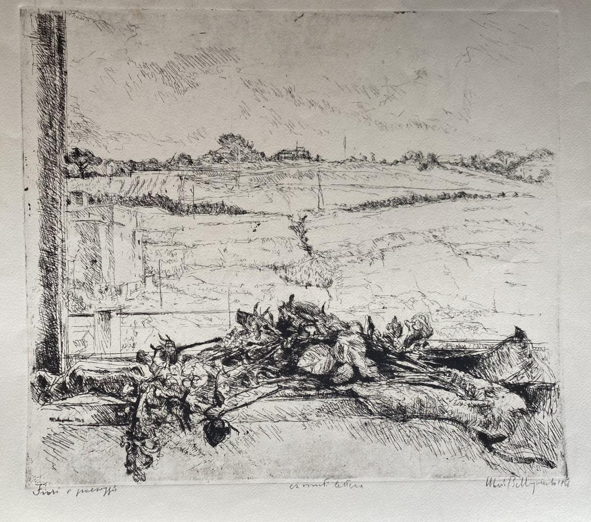  Dry Flowers in the Landscape is a beautiful etching, realized by the Italian artist, Mario Bellagamba, in 1968s.

Hand-signed and dated in pencil on lower-right. Notes, on the bottom center. Titled, on lower left.

In excellent conditions. 