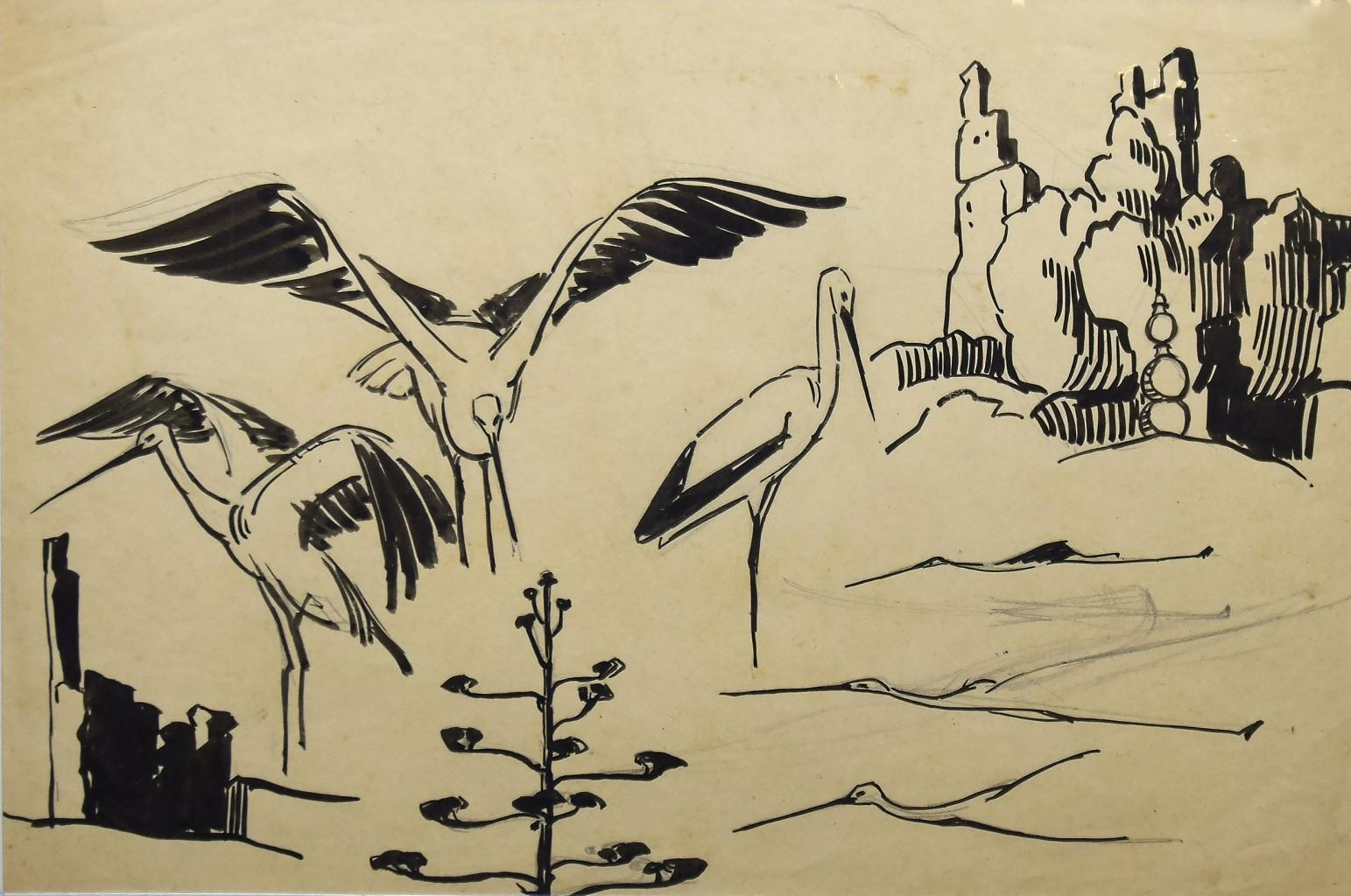 Storks - Original Ink and Watercolor by Helen Vogt - 1930
