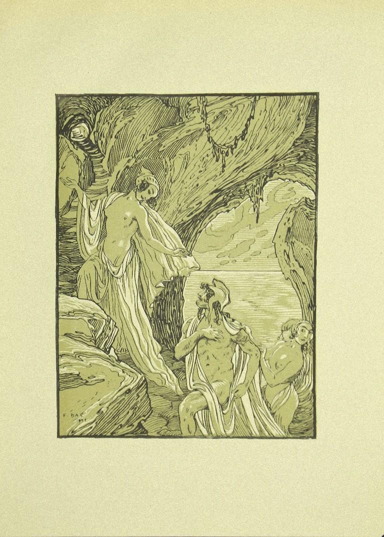 Ulysses und die Zauberin ist ein originelles modernes Kunstwerk von Ferdinand Bac (1859 - 1952) aus dem Jahr 1922.

Signiert und datiert auf der Platte in der linken unteren Ecke: F. Bac 1922.

Original-Lithographie auf Elfenbeinpapier.

Perfekte