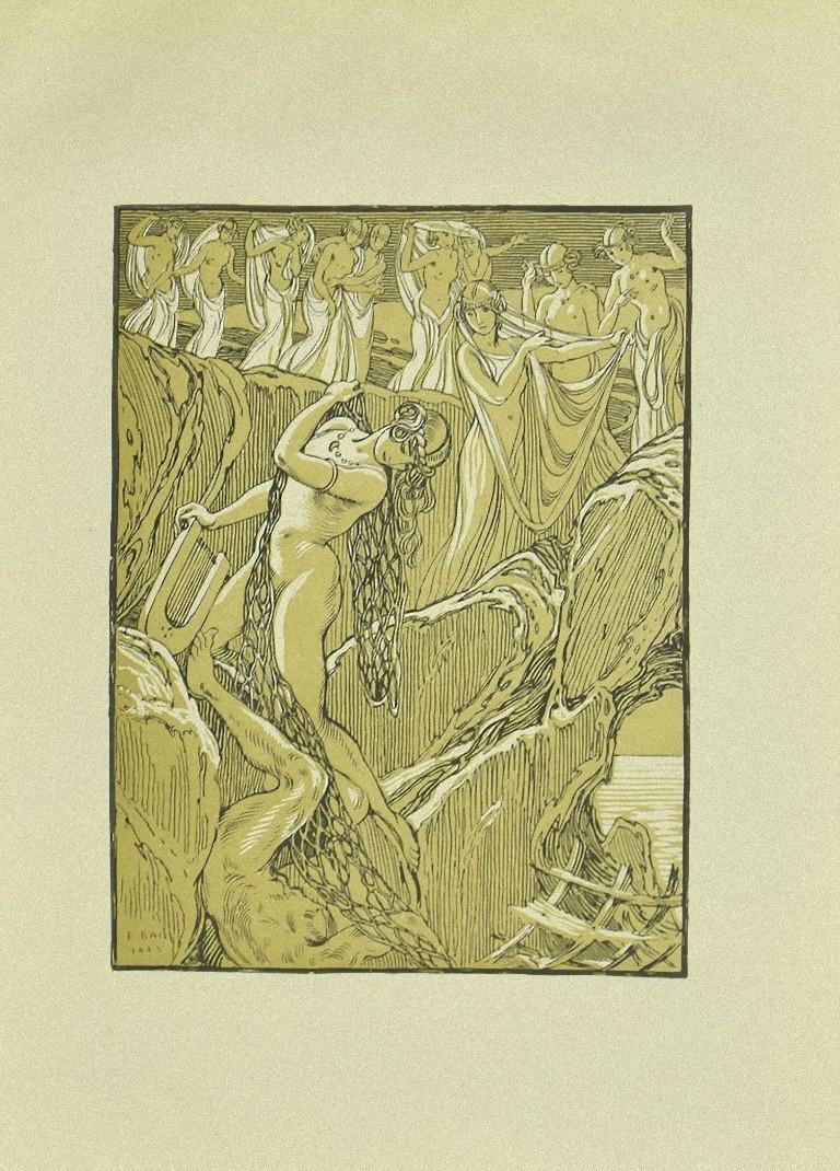 Bacchantinnen und Musikanten ist ein originelles modernes Kunstwerk von Ferdinand Bac (1859 - 1952) aus dem Jahr 1923.

Signiert und datiert auf der Platte in der linken unteren Ecke: F. Bac 1923.

Original-Lithographie auf