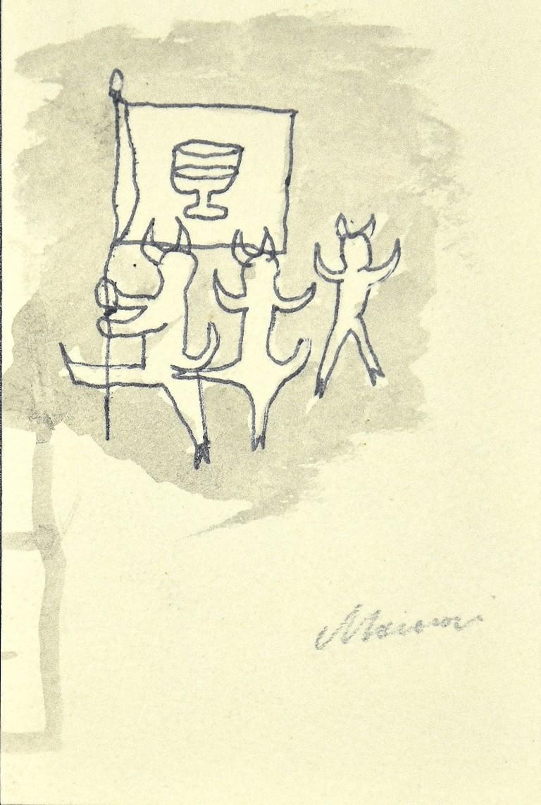 Horned Figures is an original modern artwork realized the 1920s by the Italian artist Mino Maccari (Siena, 1898 - Rome, 1989).

Mixed Media. Original black china ink on paper and watercolor on cardboard.

Hand-signed in pencil by the artist on the