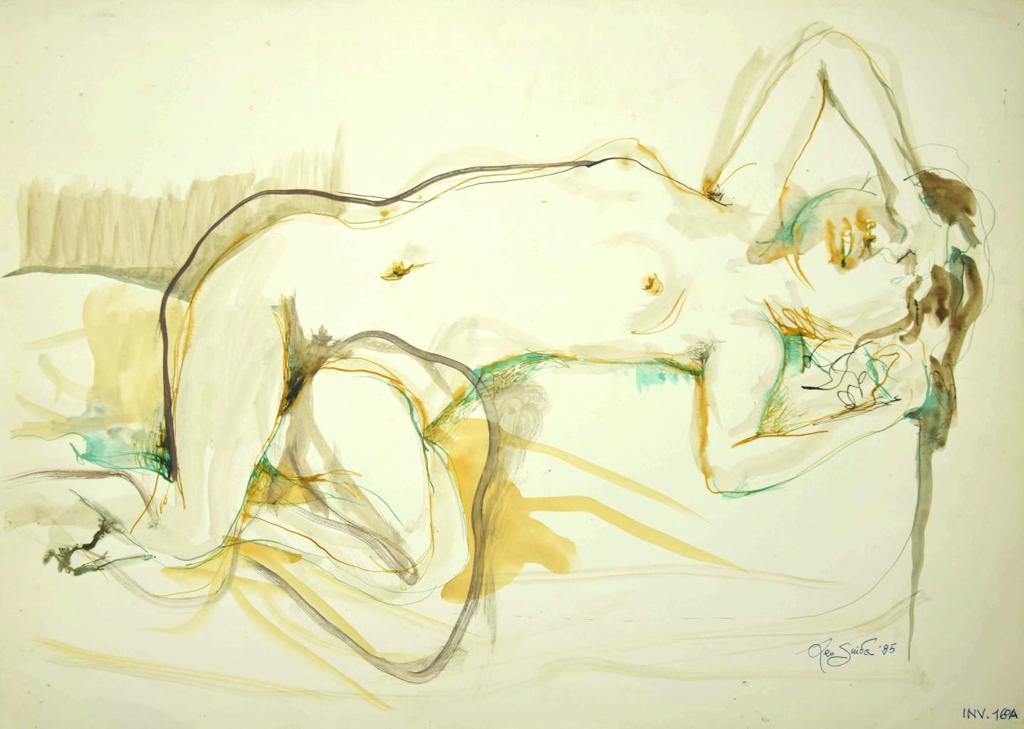 Nude of Woman -  Ink and Watercolor on Paper by Leo Guida - 1985