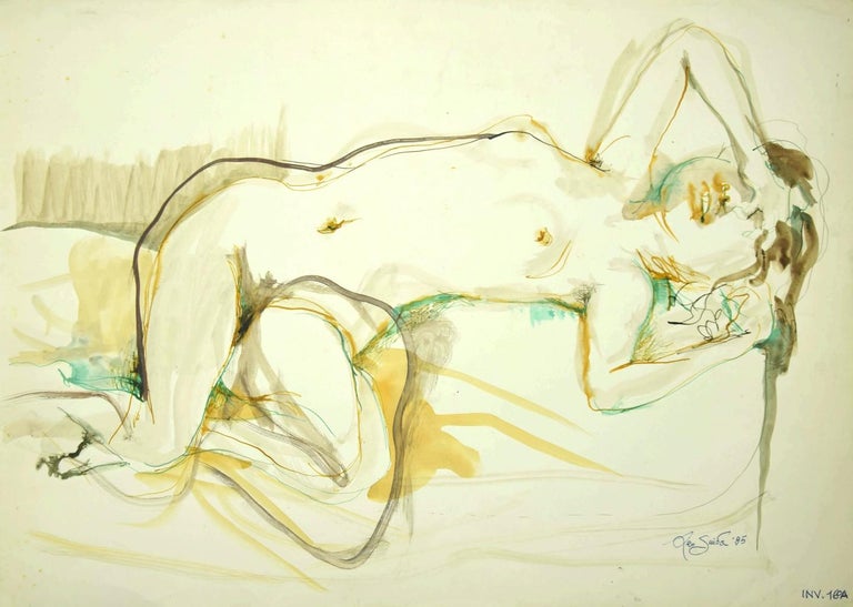 Nude of Woman is an original painting in watercolor on paper by Leo Guida in 1985.

The state of preservation is good..

On the lower right margin hand-signed and dated.

On the lower right of the cardboard "INV.160A"

The artwork represents a nude