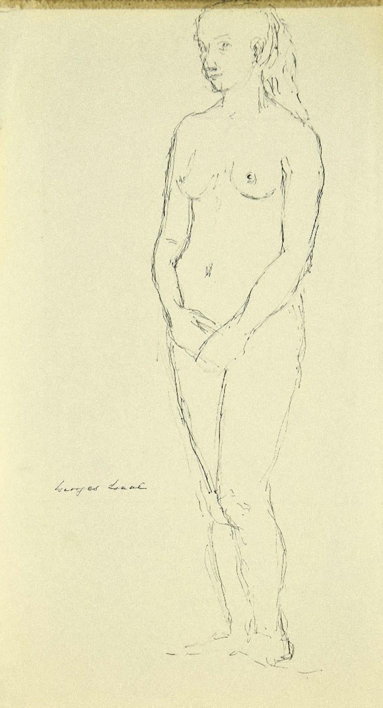 Weiblicher Akt ist ein modernes Kunstwerk, das in den 1940er Jahren von Georges Isaul (Argenteuil, 1882 - 1963) geschaffen wurde. 

Original-Tuschezeichnung auf Papier.

Handsigniert mit Feder vom Künstler am linken unteren Rand: Georges Isaul.