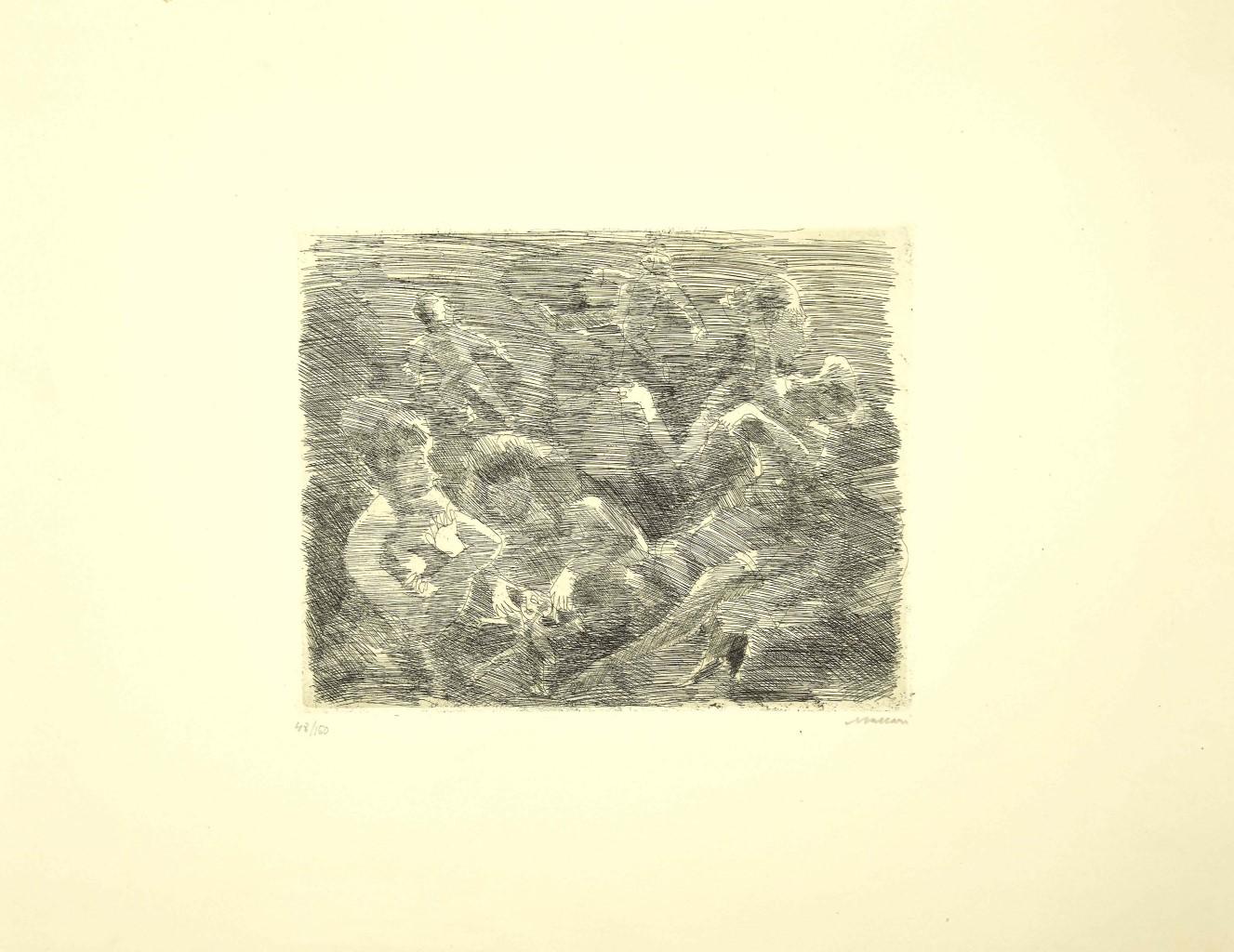 Figure is an original modern artwork realized the half of the XX Century by the Italian artist Mino Maccari (Siena, 1898 - Rome, 1989).

Original Etching on paper. 

Hand-signed in pencil by the artist on the lower right: Maccari.
Numbered on the