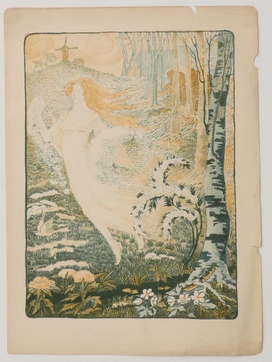 Fairy is an original lithograph on paper realized by Gérard Roojen (1869-1935), in 1918.

Signed on the plate on the rear with description" le Musée du Livre 43-46-1918"

In good conditions, except for some ripping along the margins.

The artwork