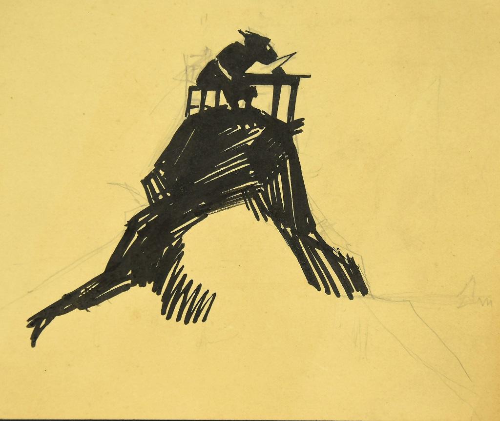 Gabriele Galantara Figurative Art - L'asino legge l'asino - Original Ink on Cardboard by G. Galantara - 1920s