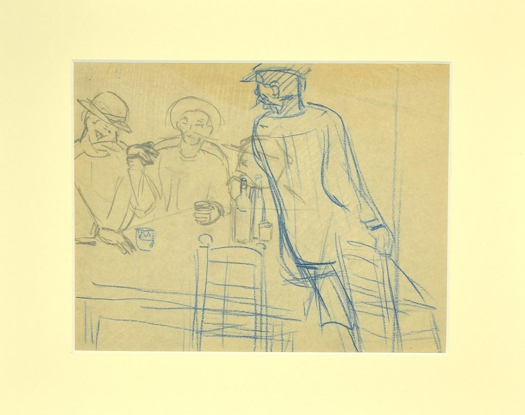Unknown Figurative Art - The Drinkers - Pencil and Blue Pastel Drawing - 1920s