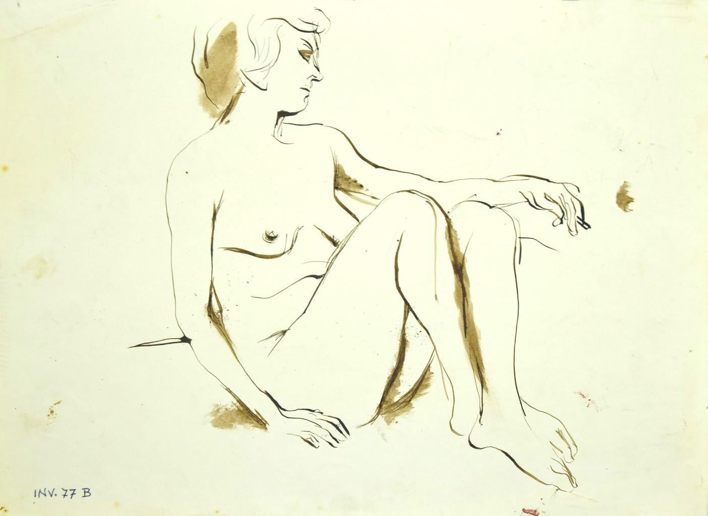 Nude - Original Ink and Tempera Drawing - 1970s
