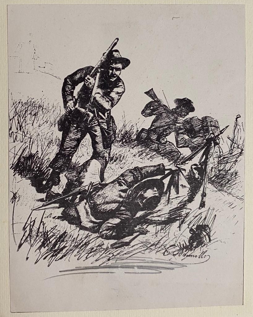 Bersaglieri is a splendid lithograph on cardboard engraved by Carlo Ademollo, in 1880s.

The state of preservation of the artwork is excellent.

This original lithograph represents the bersaglieri during the war.

Not signed.

Image Dimensions: 15.3