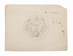 Lion Head - Original Pencil Drawing by Pierre Andrieu - 19th Century