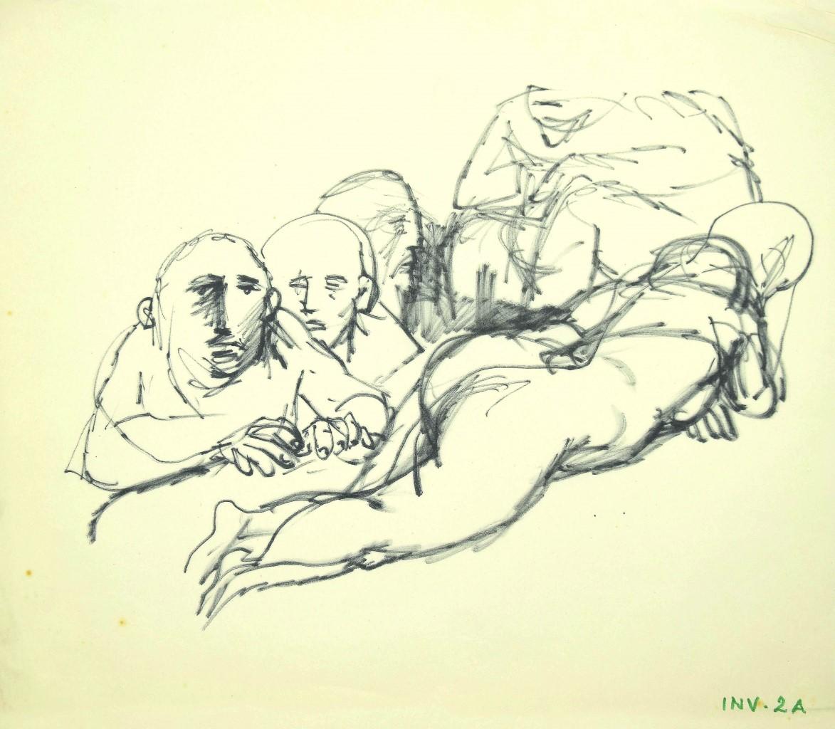 Leo Guida Nude – The Voyeurs – Schwarze Marker-Zeichnung auf Papier – 1970er Jahre