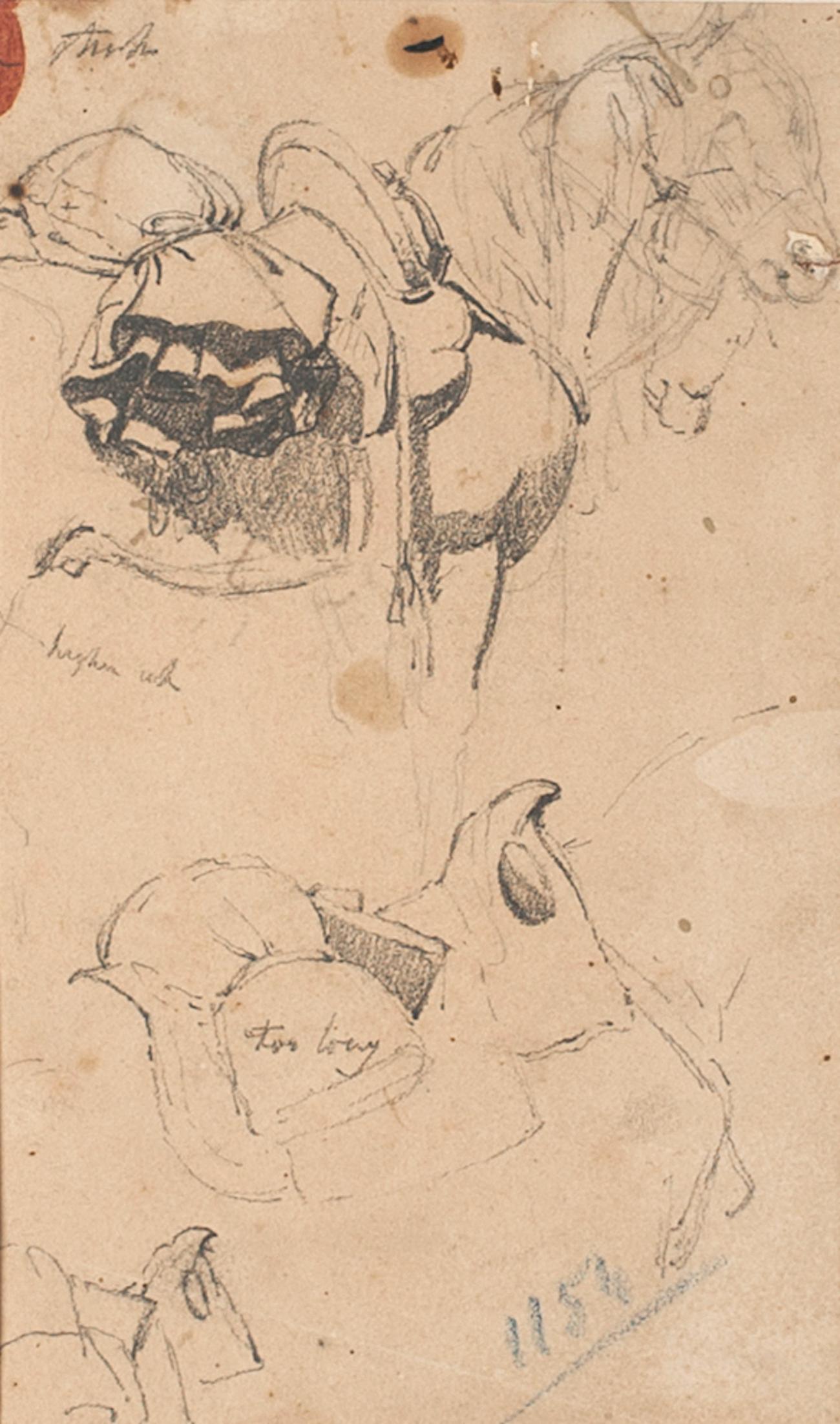 Carlo Coleman Figurative Art - Study for Horses - Original Pen Drawing on Paper by Charles Coleman - 1850
