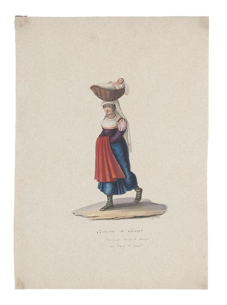 Das Kostüm von Cajazzo ist eine Original-Gouachezeichnung auf Papier von Michela De Vito, Neapel.

Handsigniert unten rechts.

Unten in der Mitte betitelt.

Guter Zustand, mit Ausnahme einiger Stockflecken an den Rändern, die das Bild nicht