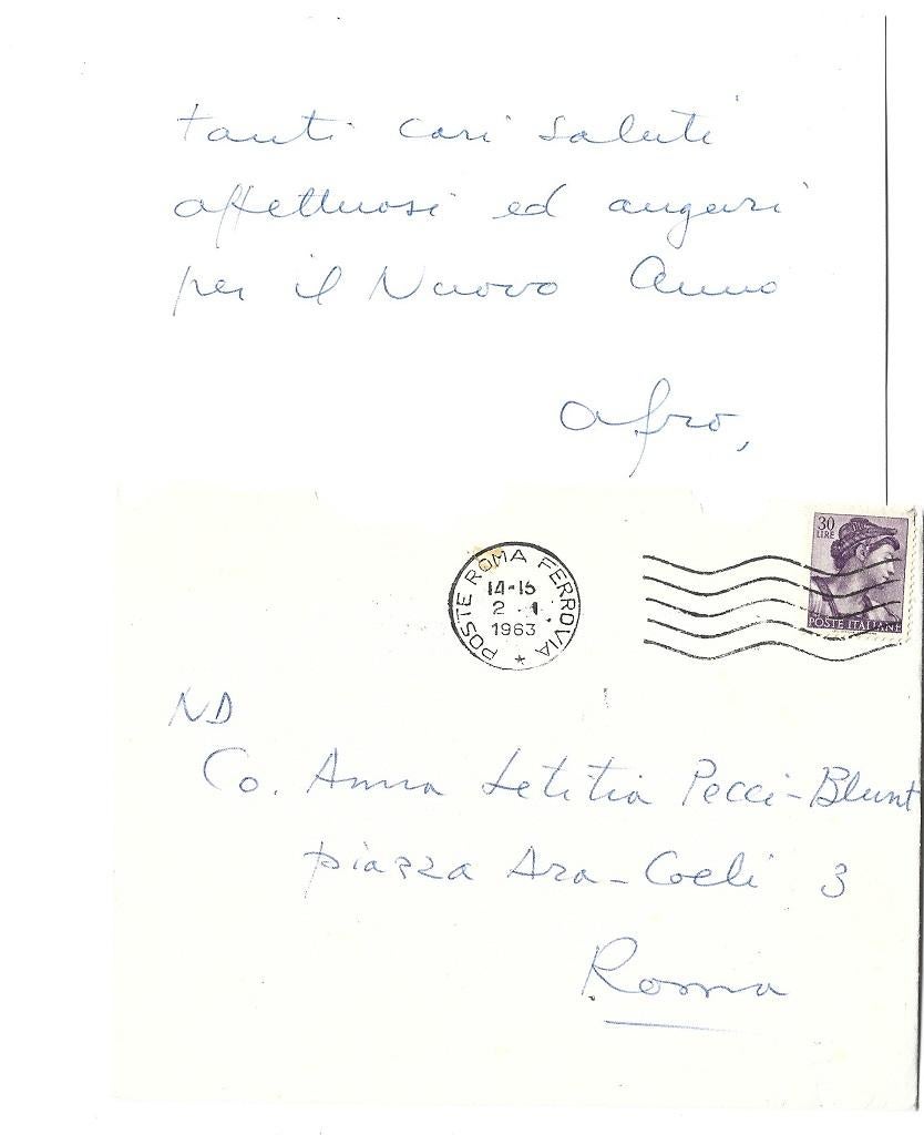 Biglietto autografo di buon anno firmato da Afro Basaldella alla contessa Anna Laetitia Pecci-Blunt.

Roma, 2 gennaio 1963 .  In 24°. In italiano. Condizioni eccellenti: Come nuovo. Busta originale inclusa.

Colleziona o regala questo pezzo unico
