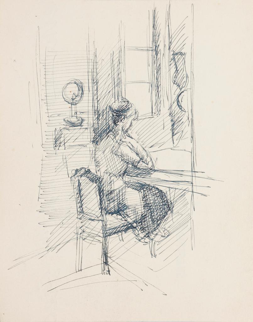 Raymond Cazanove Figurative Art - Reader - Original Pen on Paper by R. Cazanove - Mid-20th Century