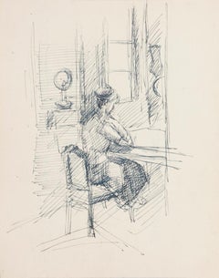 Reader - Original Pen on Paper by R. Cazanove - Mid-20th Century