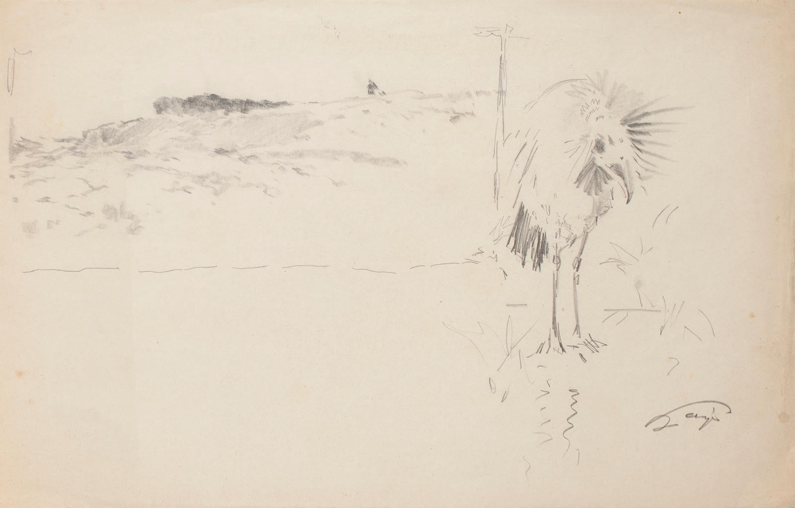 Unknown Landscape Art - Landscape with Bird - Original Pencil Drawing - 20th Century