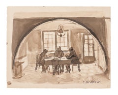 Intérieur - Aquarelle originale de R. Cazanove - Milieu du 20e siècle