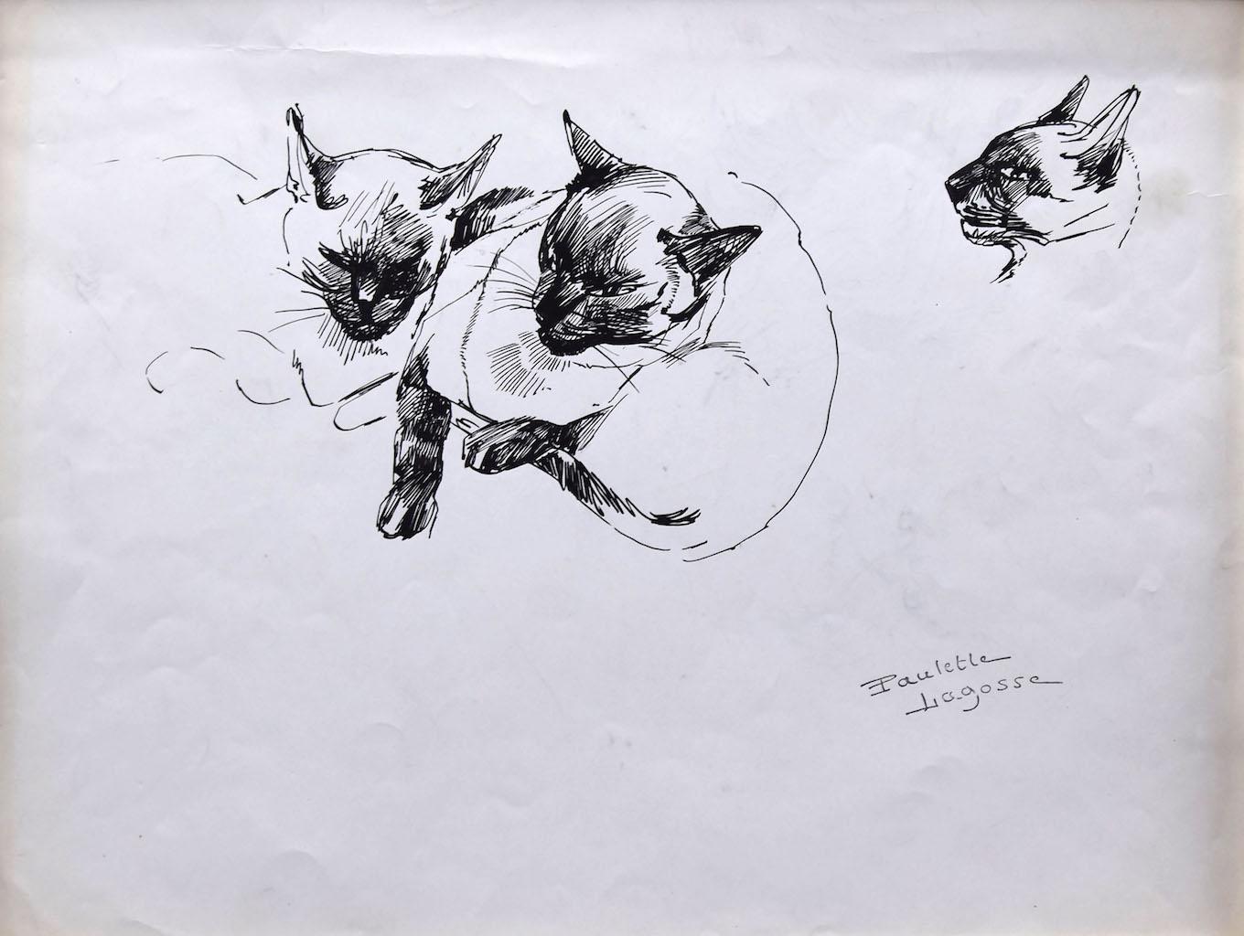 Stift auf Papier von Marie Paulette Lagosse – „Die Katzen“ – 1970er Jahre