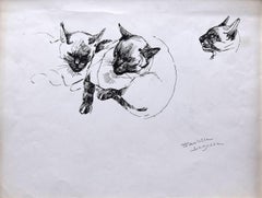 The Cats - Original Pen on Paper by Marie Paulette Lagosse - 1970s