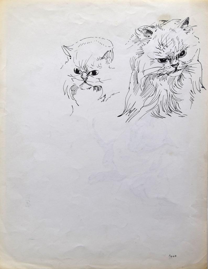 The Cats - Pen on Paper by Marie Paulette Lagosse - 1970s For Sale 2