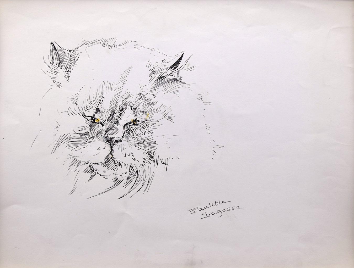 The Cat - Original Pen on Paper by Marie Paulette Lagosse - 1970s