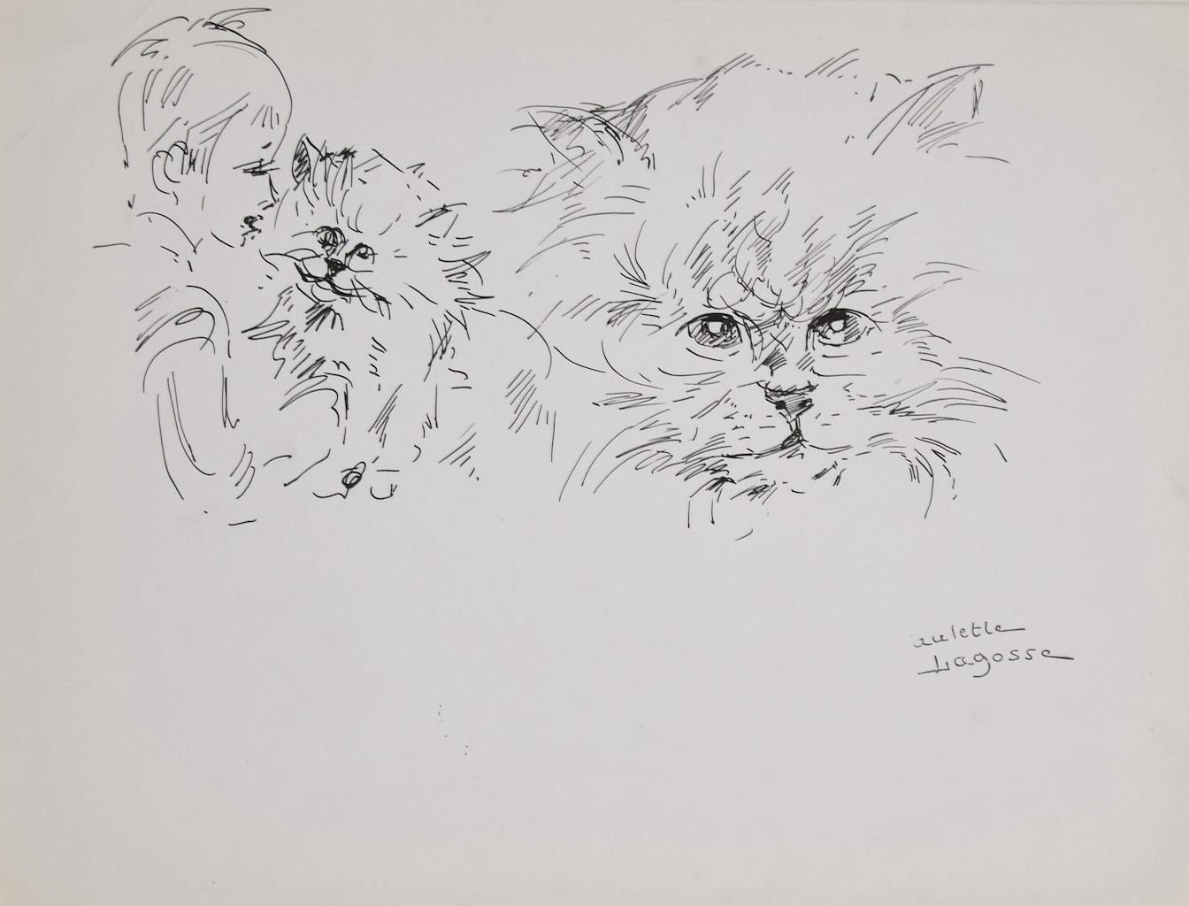 Marie Paulette Lagosse Figurative Art - The Cat and Child - Original Pen on Paper by M. P. Lagosse - 1970s