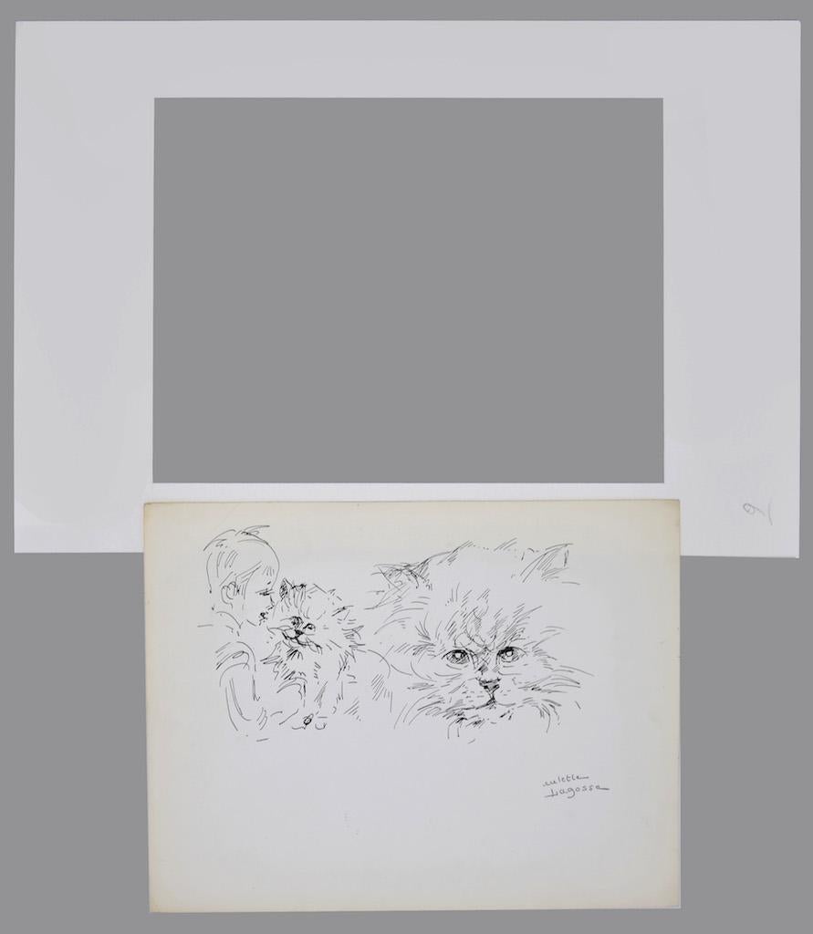 The Cat and Child - Original Pen on Paper by M. P. Lagosse - 1970s - Art by Marie Paulette Lagosse