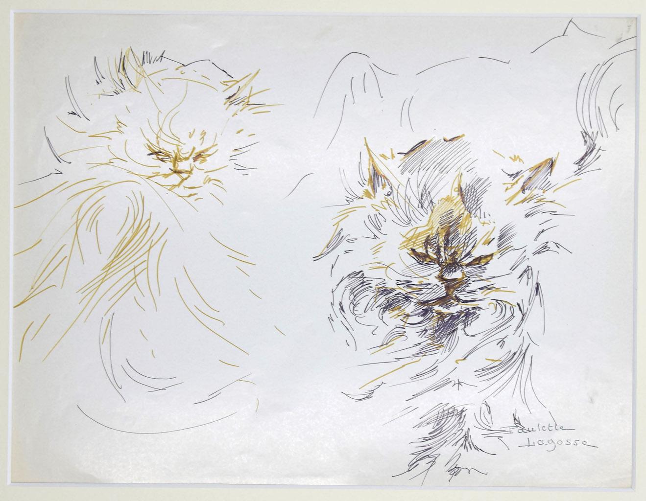 Stift auf Papier von M. P. Lagosse – „Die Katzen“ – 1970er Jahre