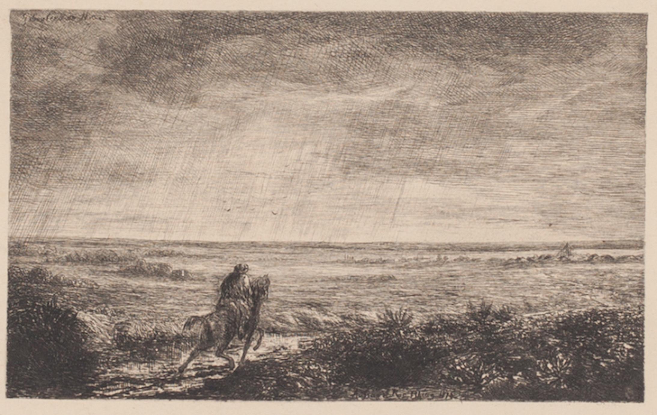 Alphonse Edouard Enguérand Aufray de Roc'Bhian Animal Print - Horseman - Original Etching - 1875