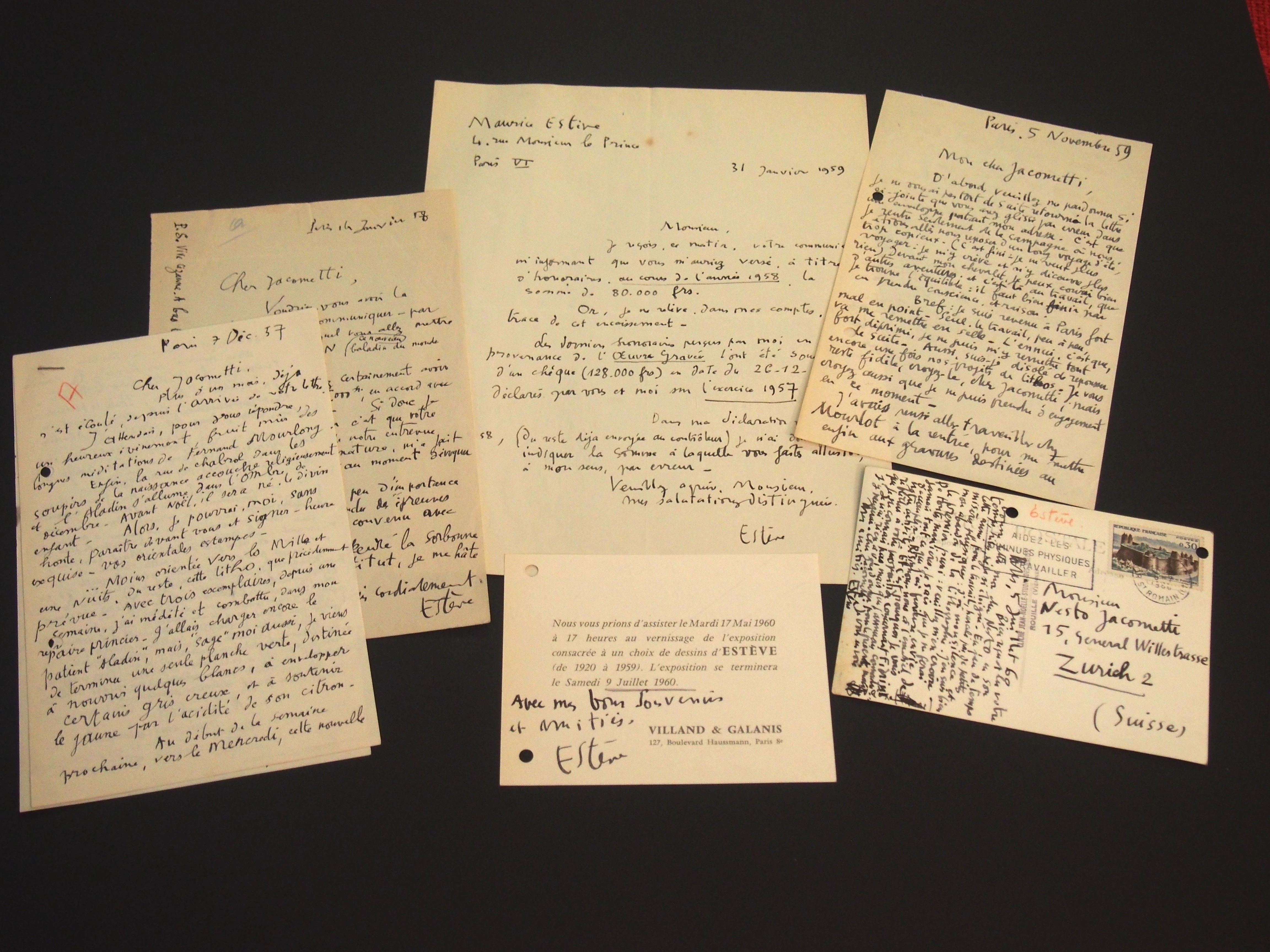 Echa un vistazo a este "Aladino - Correspondencia" entre Maurice Estève y Nesto Jacometti. Compuesto por 6 artículos escritos de 1957 a 1960, en francés, perfectamente legibles.  En excelentes condiciones, salvo agujeros en el margen izquierdo.

En
