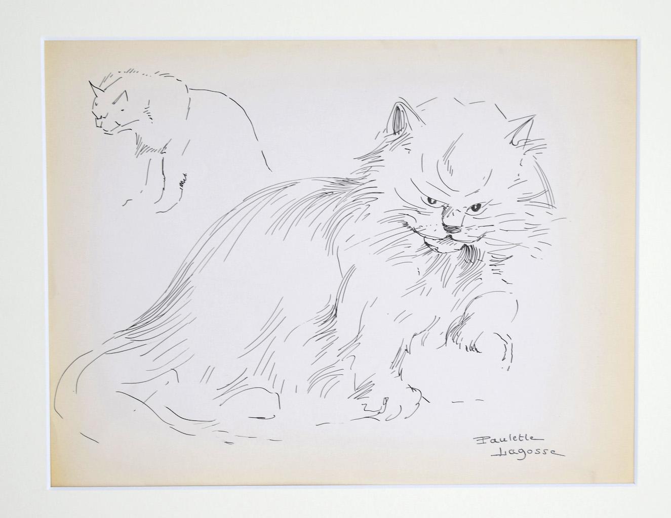 Marie Paulette Lagosse Animal Art - The Cat - Original Pen on Paper by M. P. Lagosse - 1970s