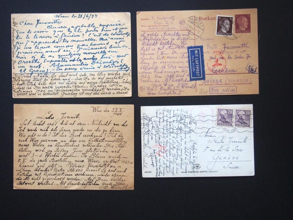 These Four Autographs Postcards Signed by Eduard Wiiralt to Nesto Jacometti,  are written in French and German languages, between 1944 and 1945. 

A. P.S. Vienna, May 22nd 1944. In German.
A. P.S. Vienna, June 21st 1944. In German and French.
A.