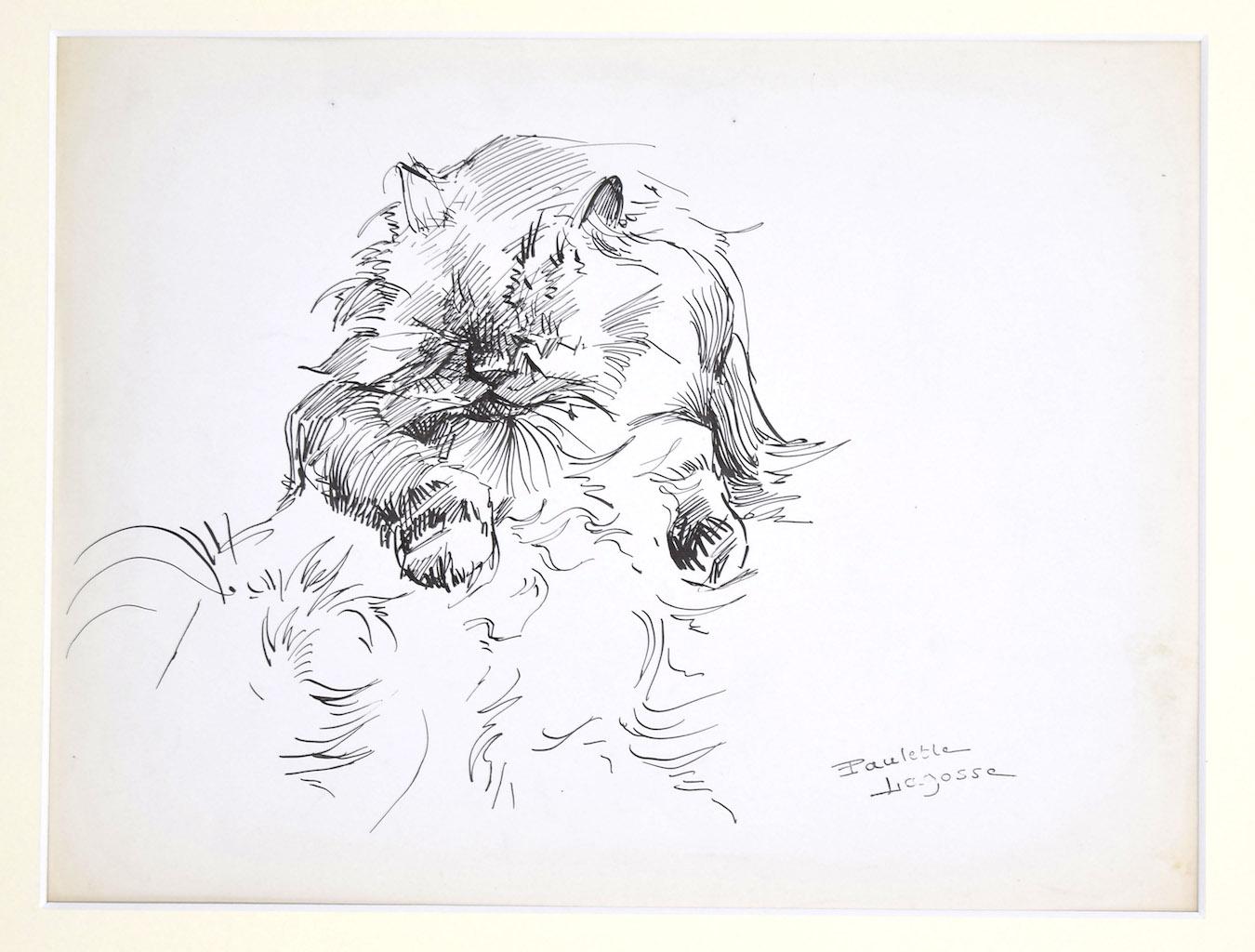 Marie Paulette Lagosse Animal Art – Stift auf Papier von M. P. Lagosse – „Die Katze“ – 1970er Jahre