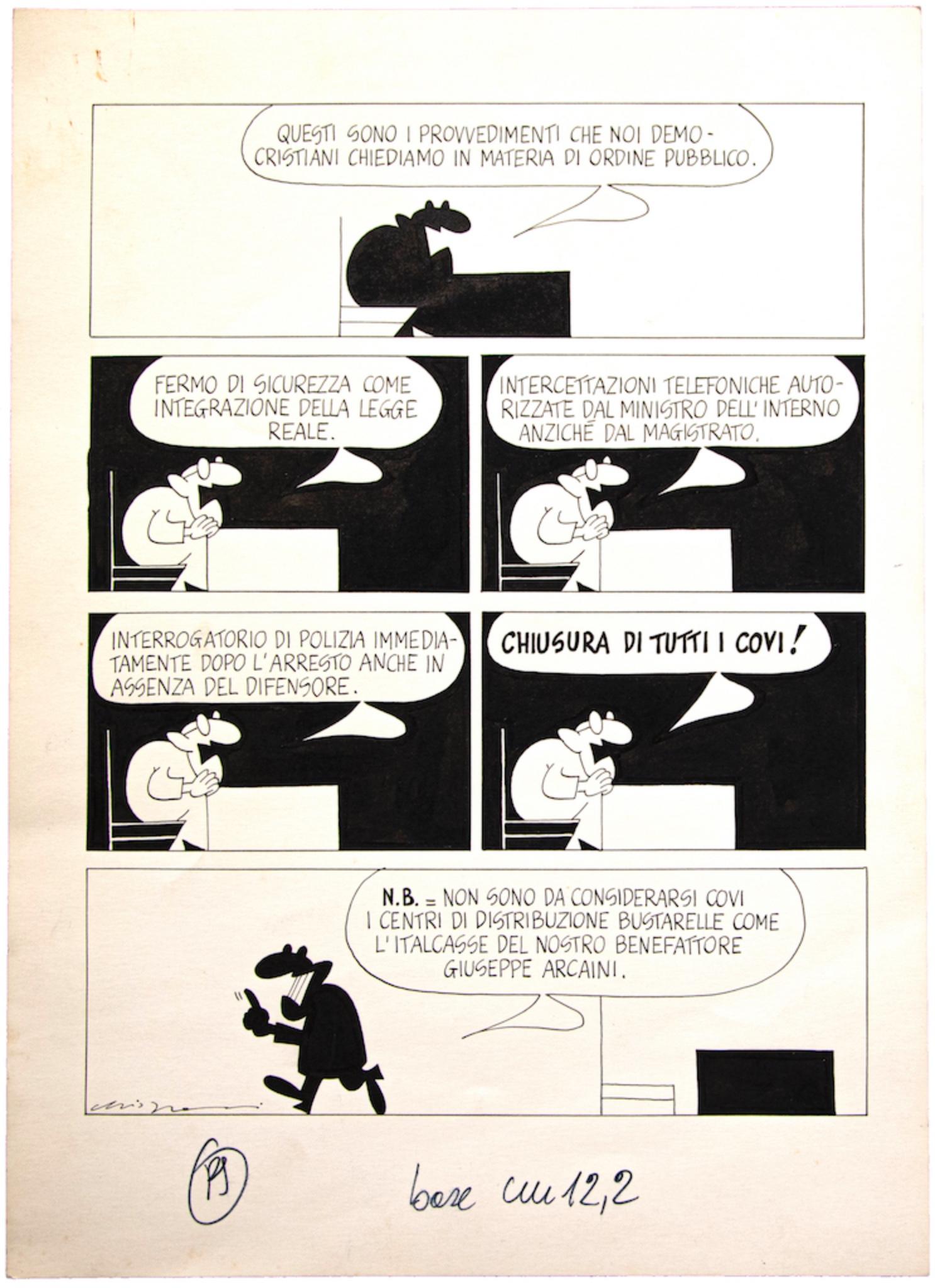 Political Comics est un dessin original à l'encre de Chine, réalisé en 1977 par le dessinateur italien Alfredo Chiappori. 

Bonnes conditions

Signé en bas à gauche, avec le cachet bleu de l'"Archivio Paese Sera" au dos.

Alfredo Chiappori (Lecco,