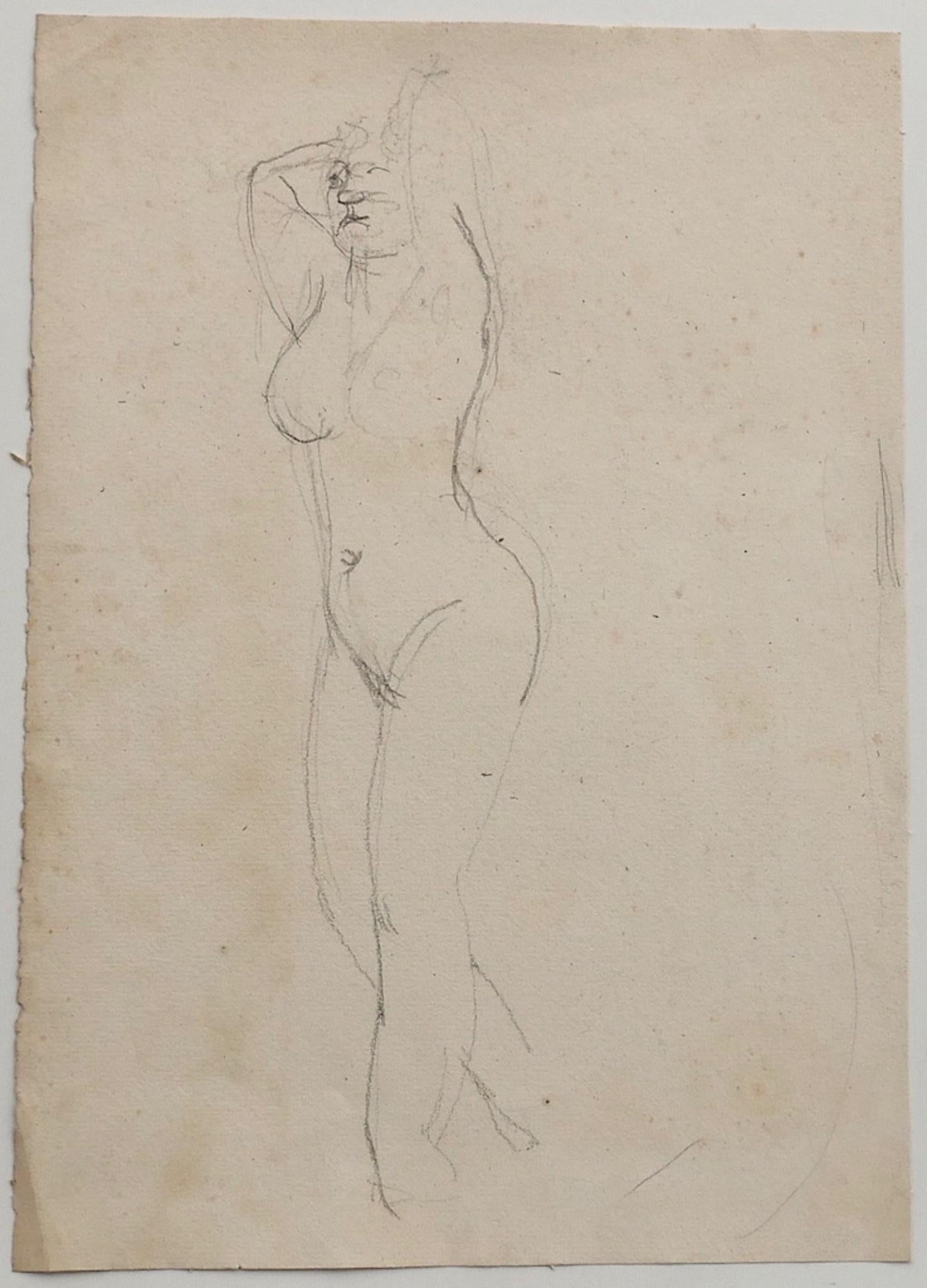Nude is an original drawing in pencil on paper realized by Jeanne Daour.

The state of preservation good except for some foxings and stains.

Hand-signed on the lower right.

Sheet dimension: 27 x 37.5 cm.

The artwork represents both sides of the