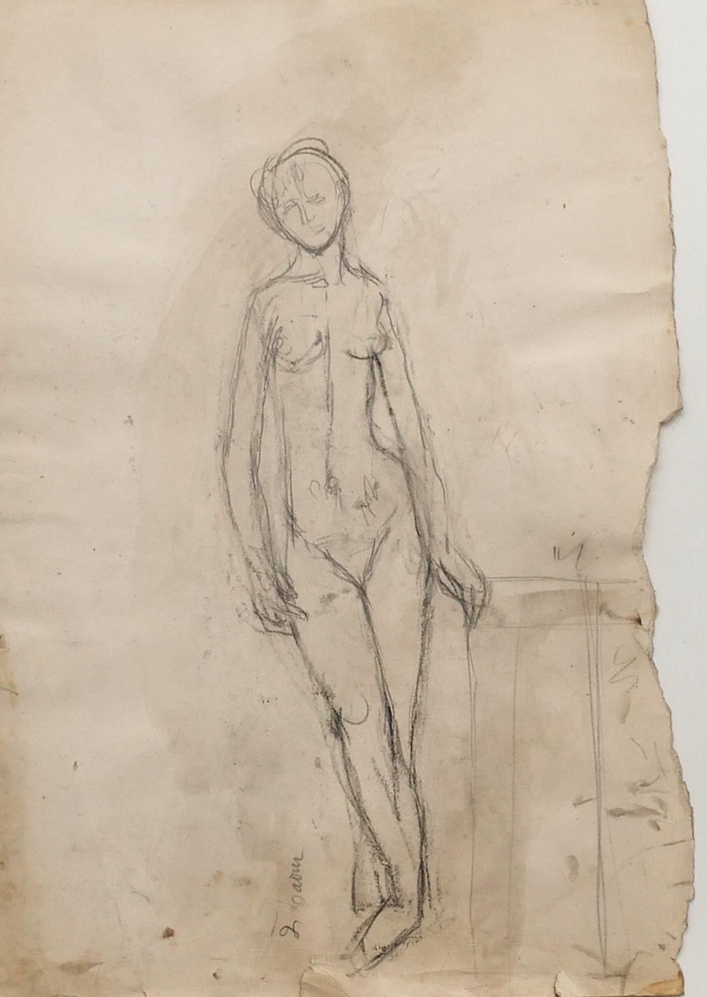 Nude ist eine Originalzeichnung in Bleistift auf Papier von Jeanne Daour.

Erhaltungszustand: stockfleckig, einige Einrisse an den Rändern und ein Ausschnitt am oberen Rand.

Blattgröße: 33,3 x 46,5 cm.

Das Kunstwerk stellt beide Seiten des Papiers