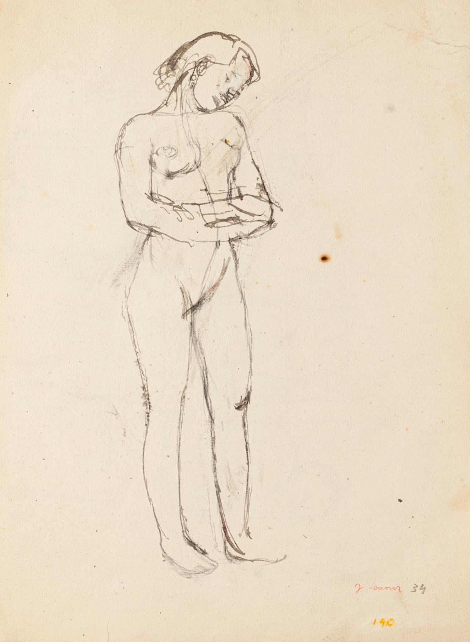 Nude - Drawing in Pencil by Jeanne Daour - Mid-20th Century