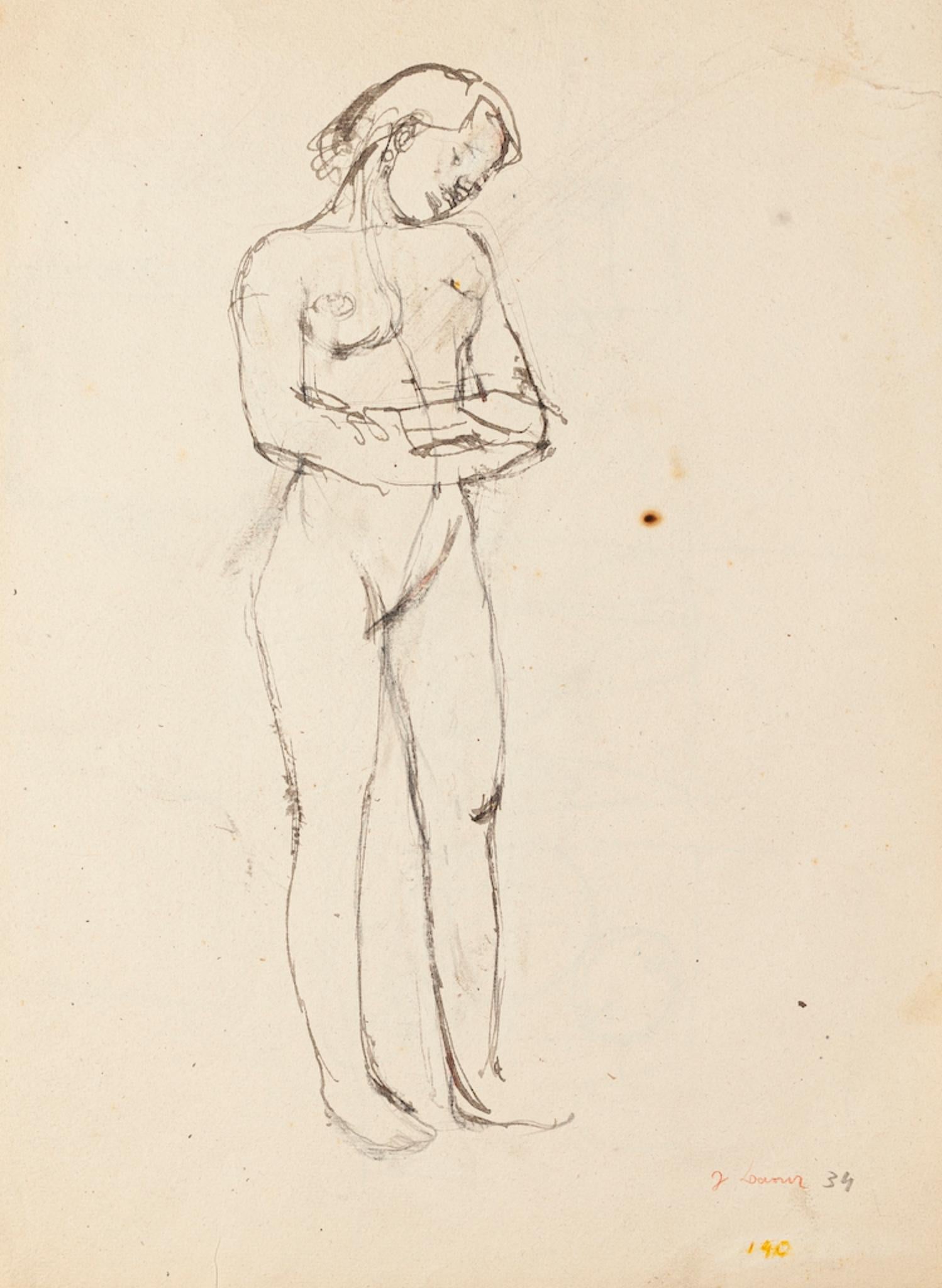 Nude ist eine Zeichnung in Feder und Bleistift auf Papier von Jeanne Daour realisiert.

Der Erhaltungszustand gut und gealtert mit diffusen Flecken und einem Riss am rechten Rand.

rechts unten handsigniert.

Blattgröße: 35 x 26 cm.

Das Kunstwerk