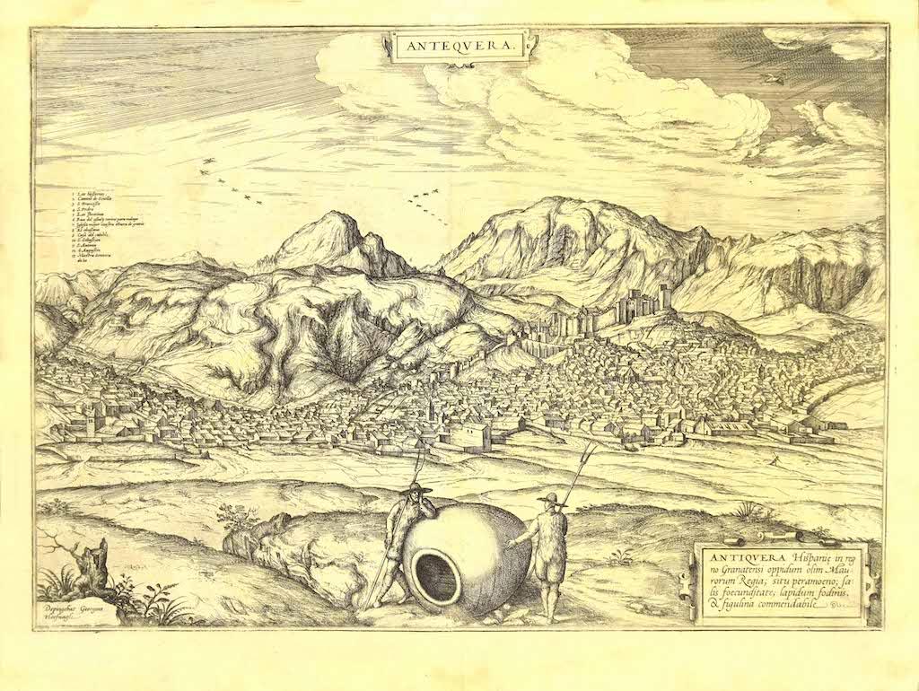 George Braun Landscape Print - View of Antequera - Etching by G. Braun and Franz Hogenberg - Late 16th Century