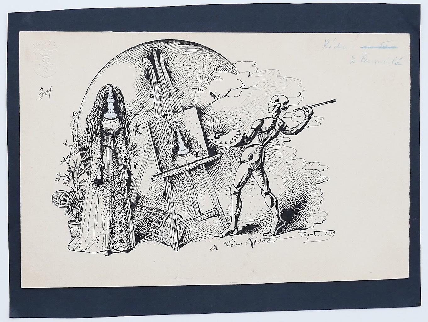 Painter and Model - Original China Ink Drawing by Fredric Front - 1898 For Sale 1