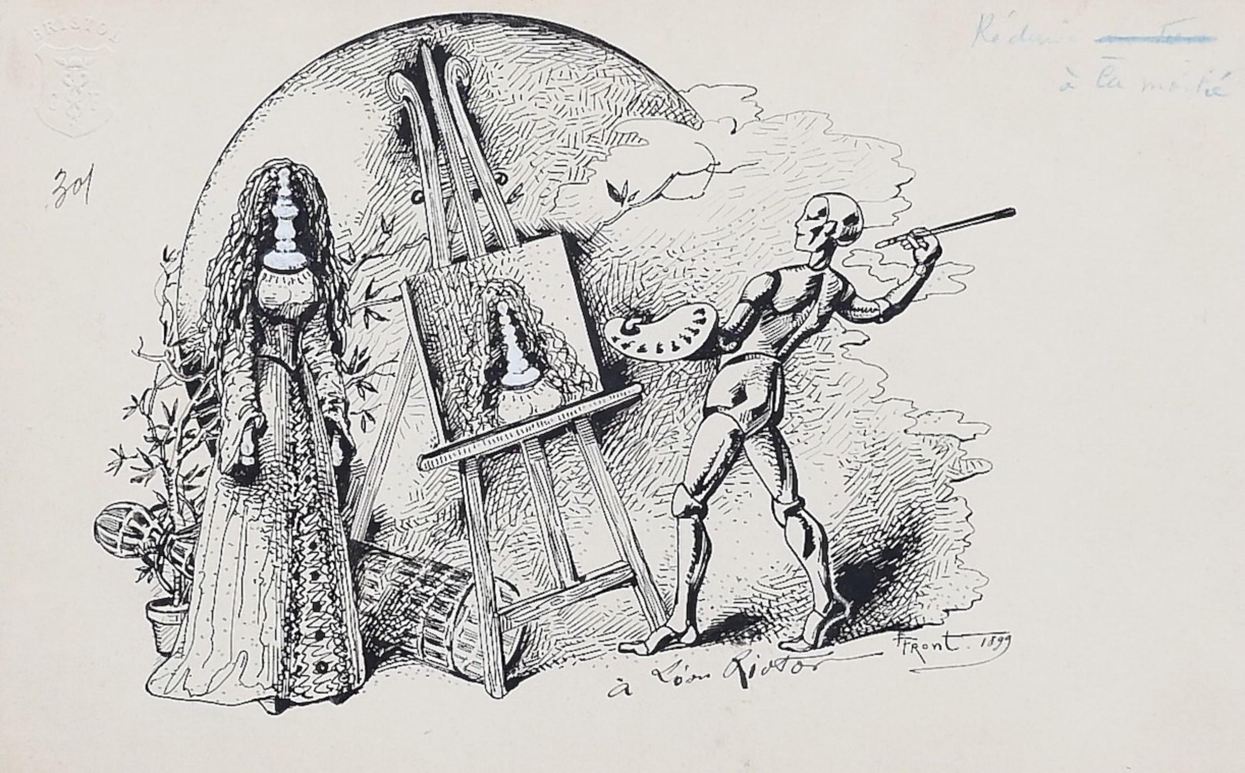 Painter and Model is an original drawing in ink on paper, realized by Fredric Front, exhibited at the Salon de Paris in 1898, and reproduced and published in Illustration magazine.

Hand-signed on the lower right and dated in pen.

In very good