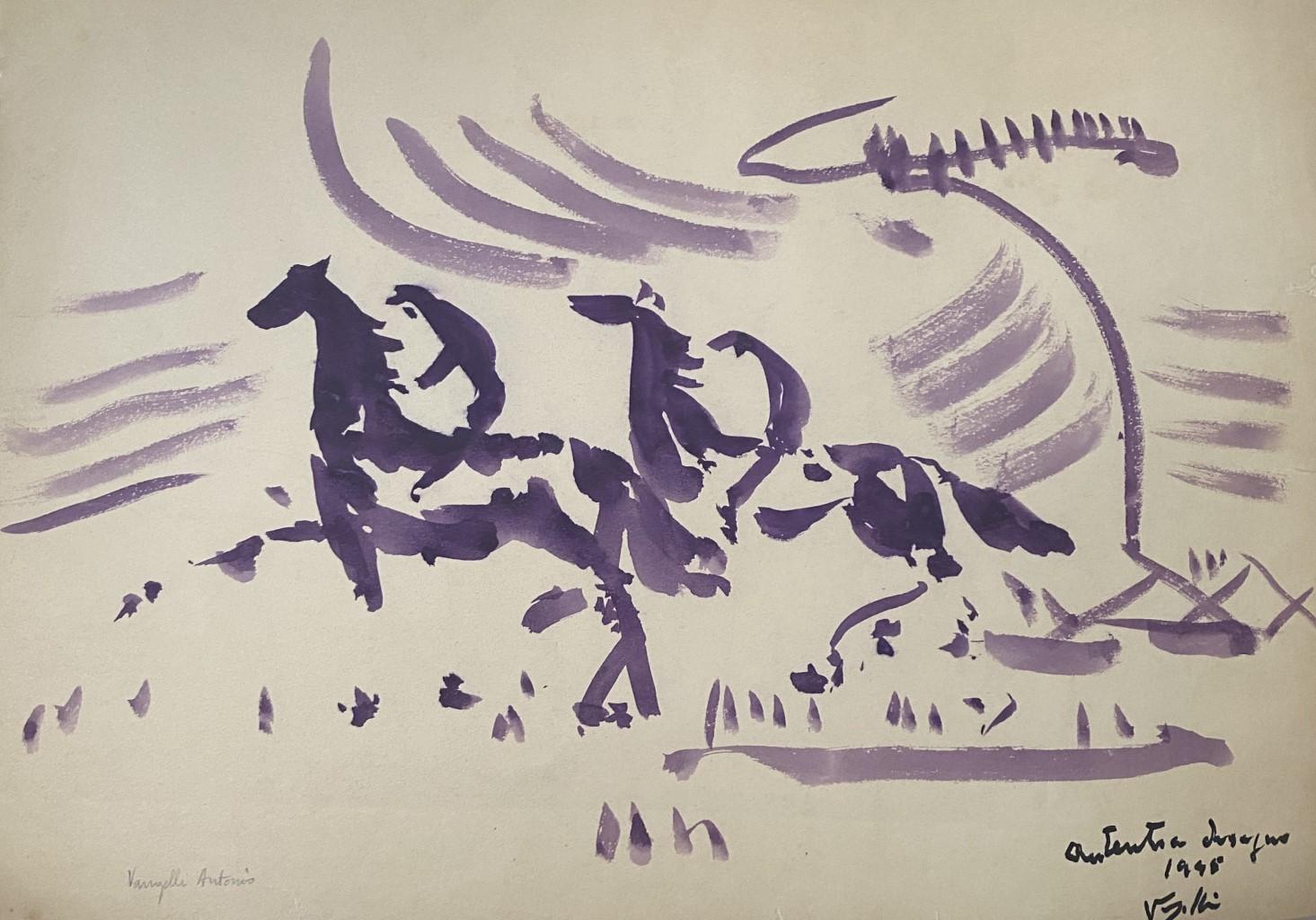 "Pferde und Jockeys"  ist ein Original  Aquarellzeichnung auf elfenbeinfarbenem Papier von Antonio Vangelli (1917-2003) aus dem Jahr 1948.

In sehr gutem Zustand.

Blattgröße: 34,5 x 49,5 cm.

Handsigniert unten links. Unleserliche Inschrift, rechts