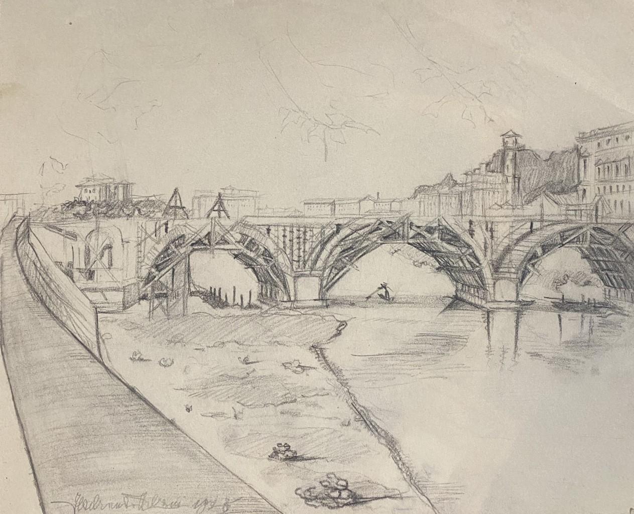 Landschaft ist eine Original-Bleistiftzeichnung auf cremefarbenem Papier des italienischen Künstlers Ildebrando Urbani (1901 - 1985).

Realisiert von einer sehr geschickten und schnellen Hand, stellt diese Originalzeichnung die Brücke und die