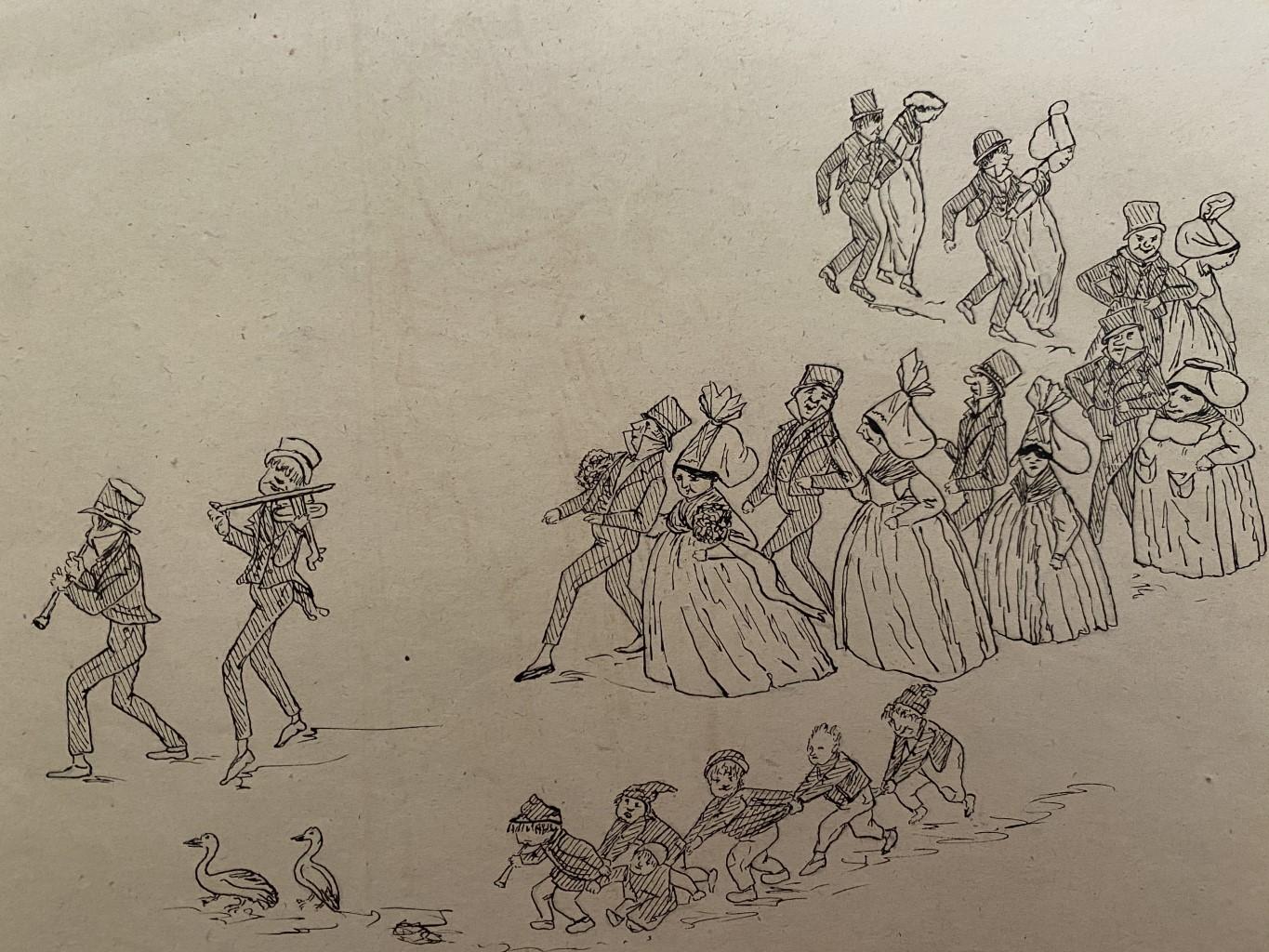 Marriage - Original China Ink Drawing by Leon Petit - Early 20th Century