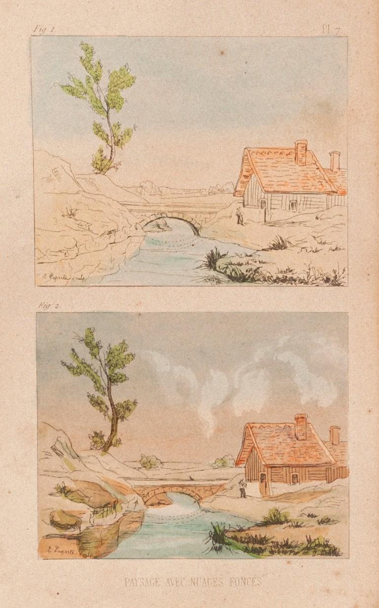 Landscape is an original lithograph on paper, realized by  E.Laport in about 1860.

The state of preservation is good except for some diffused stains.

Hand-colored.

Plate no.7.

Sheet dimension: 21 x 13

The artwork represents attractive landscape